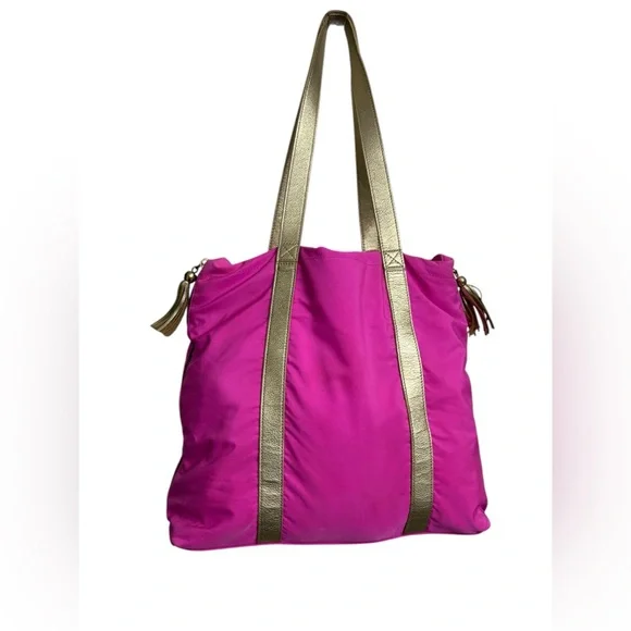 Lilly Pulitzer Hot Pink Large Tote Shoulder Bag Side Zippers Gold Straps Tassels - Picture 4 of 8